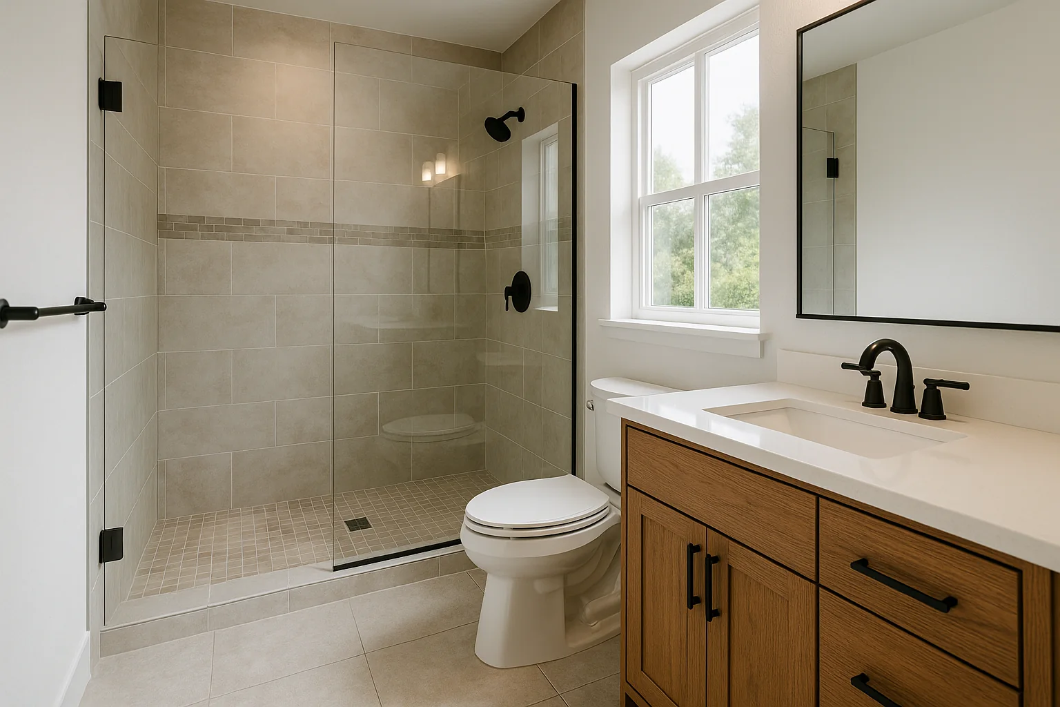 Remodeled bathroom with walk-in shower in a Woodburn home