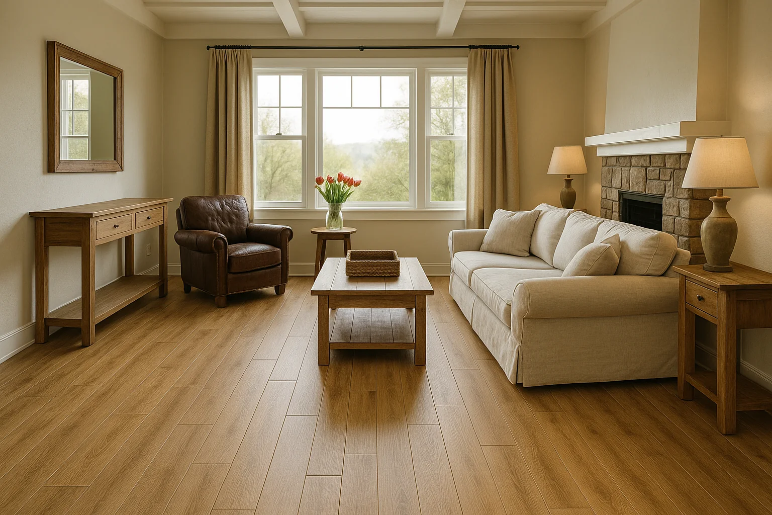 New plank flooring in a Woodburn family living room