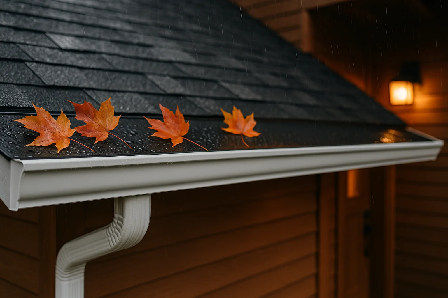 New seamless gutters on a Woodburn home in autumn