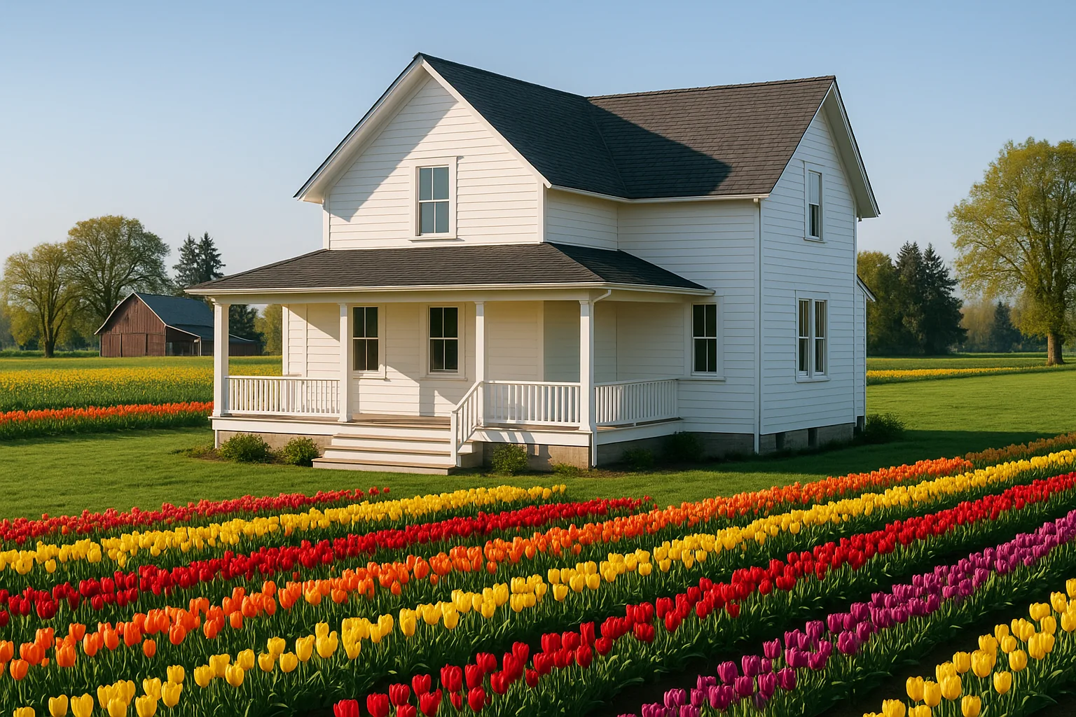 A classic farmhouse near Woodburn Oregon with tulip fields beyond